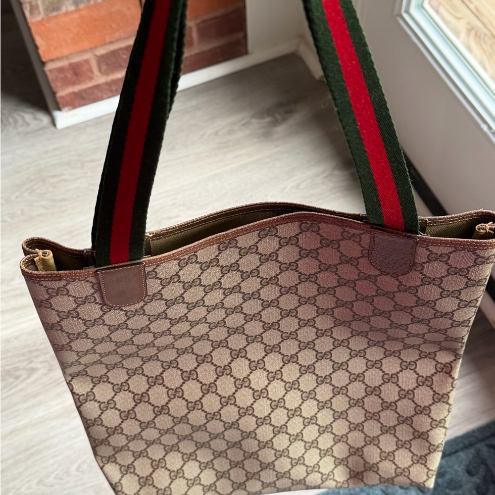 Gucci Beige Brown GG Canvas Tote with Green-Red Web Straps - Picture 3 of 7